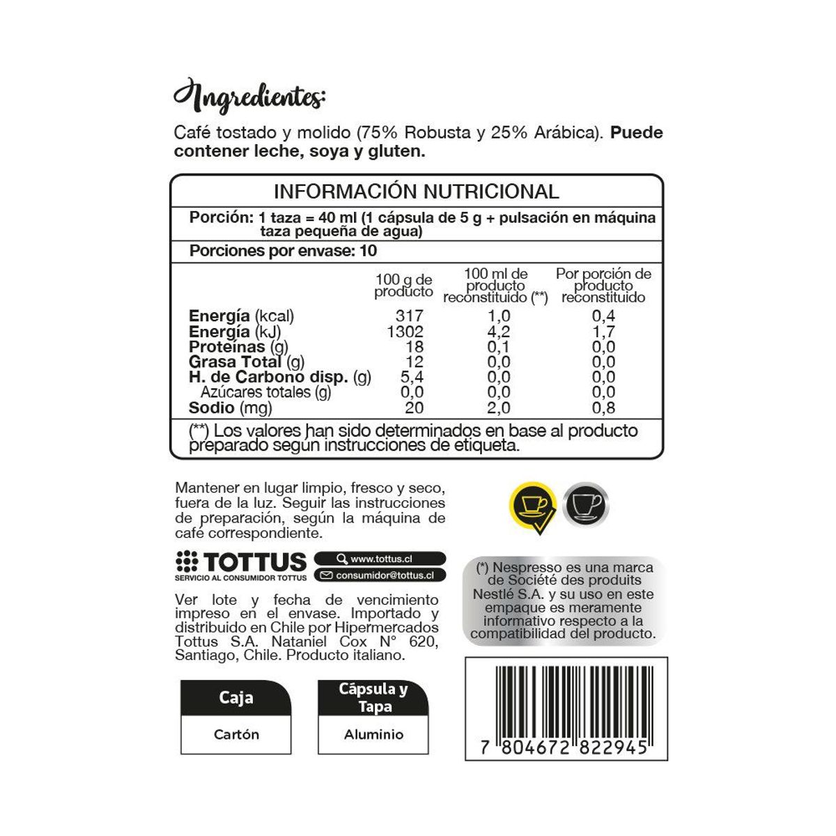 TOTTUS PREMIUM - Cápsula Café Ristretto