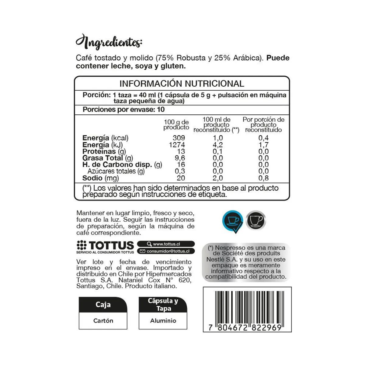 TOTTUS PREMIUM - CAP CAFE DESCAFEINAD TOTTUS PREMIUM 50 G