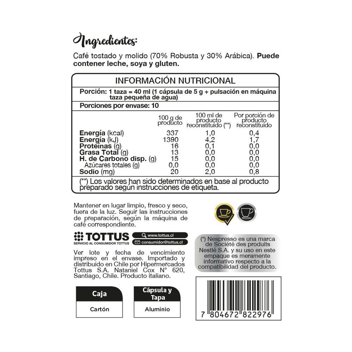 TOTTUS PREMIUM - Cápsula Café Cremoso