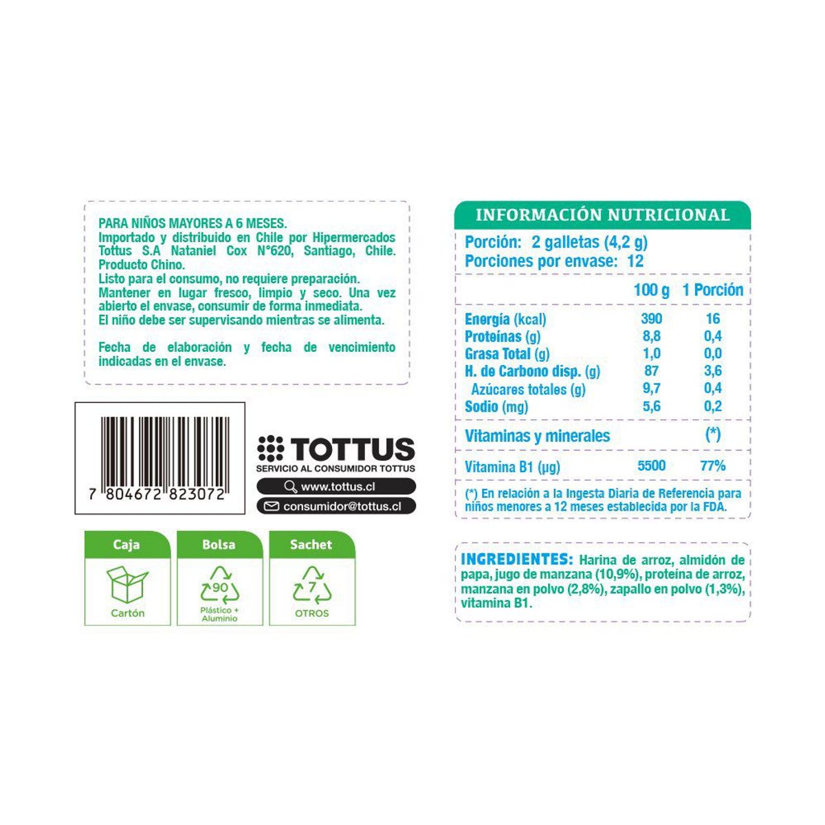 TOTTUS BEBE - Galleta De Arroz Sabor Manzana y Zap