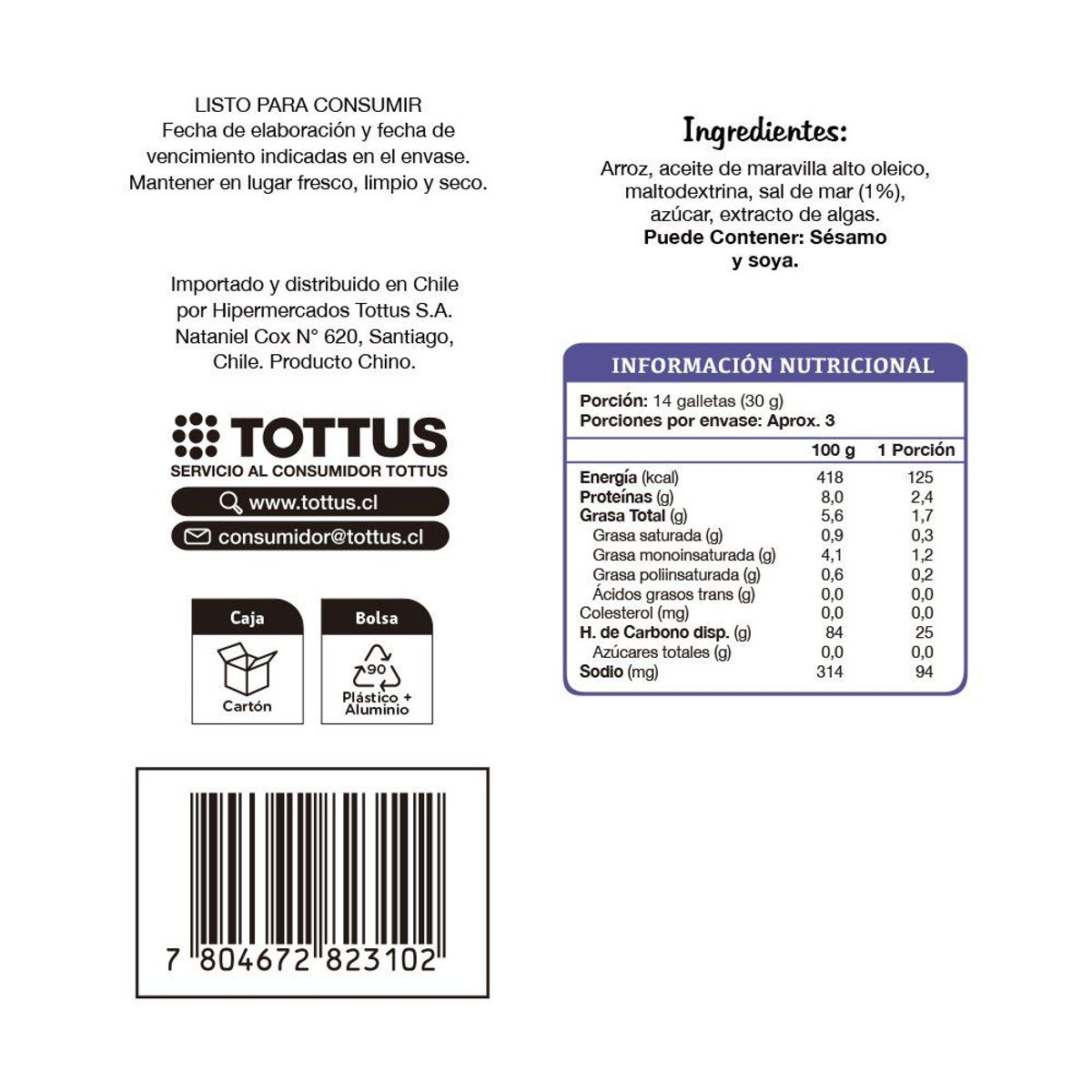 TOTTUS LIFE - Galleta De Arroz Sal De Mar Premium