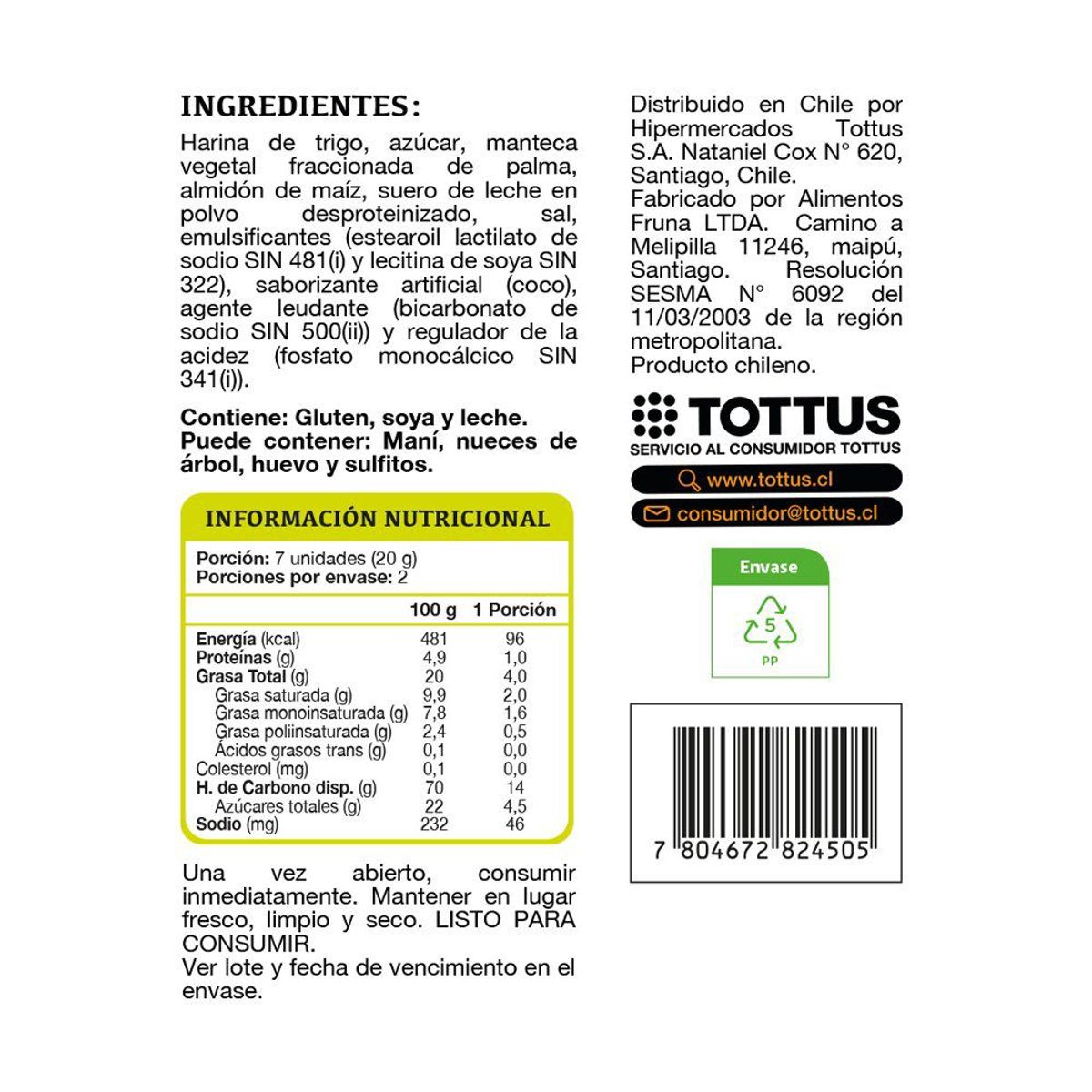 TOTTUS - Galleta Dulce Sabor Coco