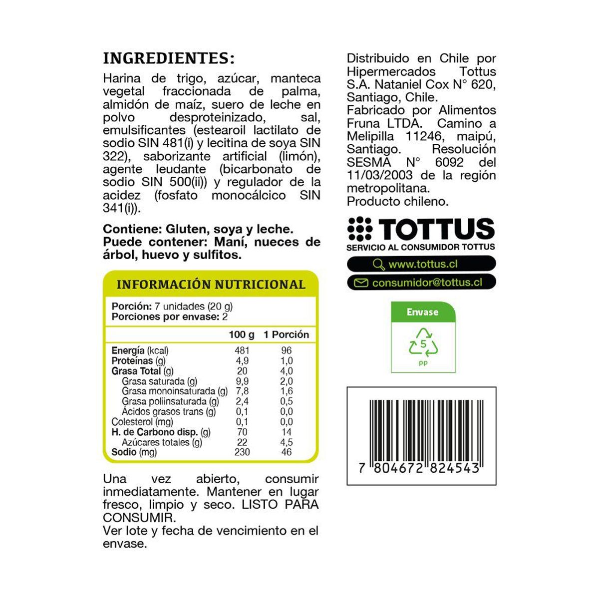 TOTTUS - Galleta Dulce Sabor Limón