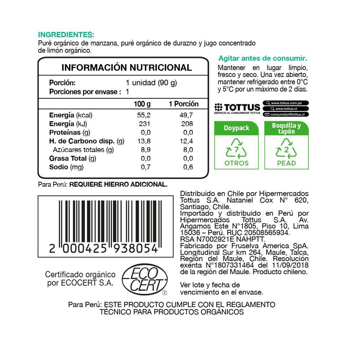 TOTTUS BEBE - Colado de Manzana y Durazno Orgánico