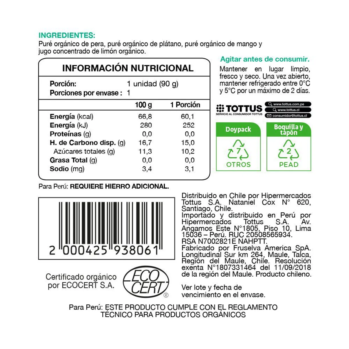 TOTTUS BEBE - Colado de Pera, Plátano y Mango Orgánico
