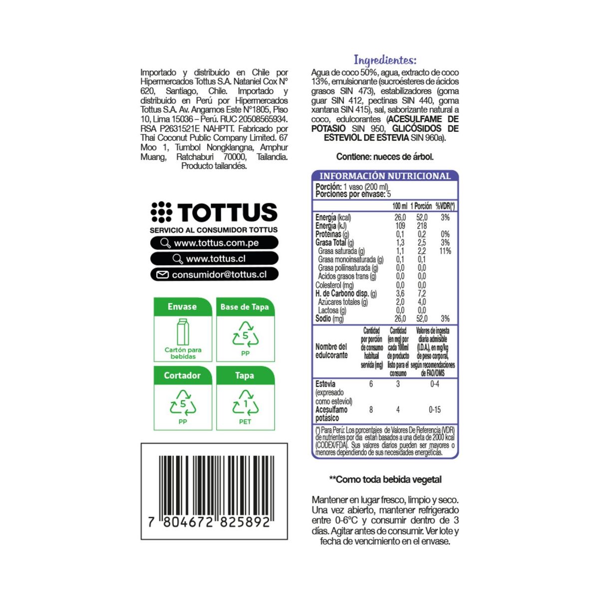 TOTTUS LIFE - Bebida Vegetal de Coco