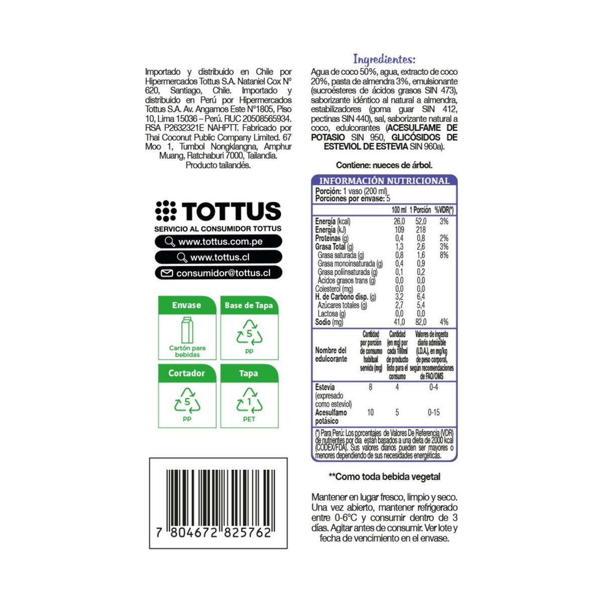 TOTTUS LIFE - Bebida Vegetal de Coco y Almendras