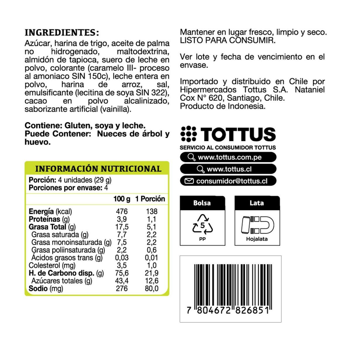 TOTTUS - Galletas Wafer Roll Cookies & Cream