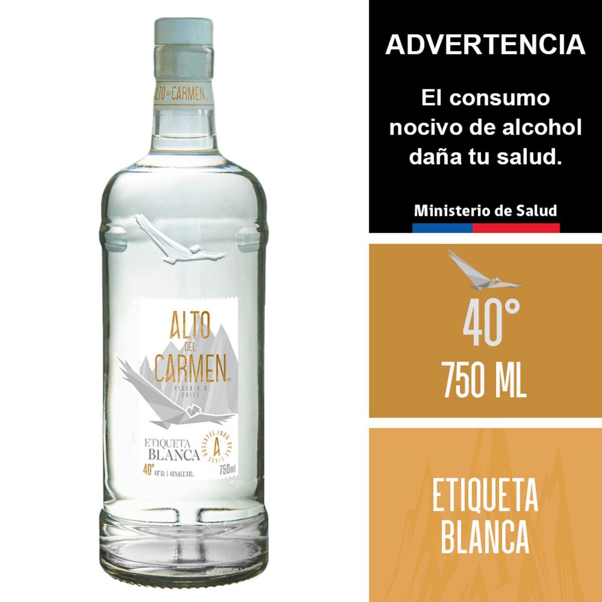ALTO DEL CARMEN - Pisco Alto Del Carmen Etiqueta Blanca 40° 750 cc