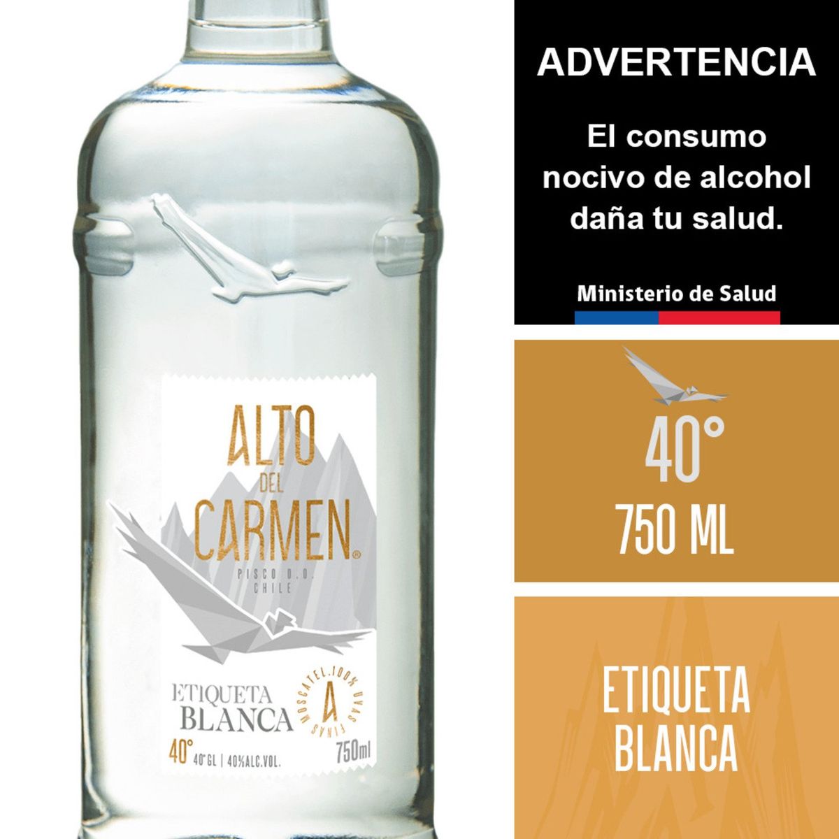ALTO DEL CARMEN - Pisco Alto Del Carmen Etiqueta Blanca 40° 750 cc