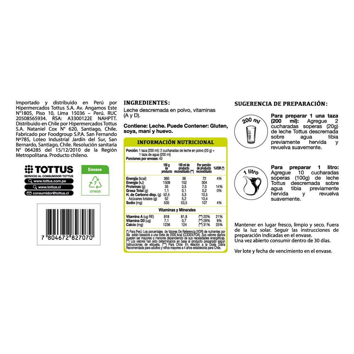 TOTTUS - Leche en Polvo Descremada