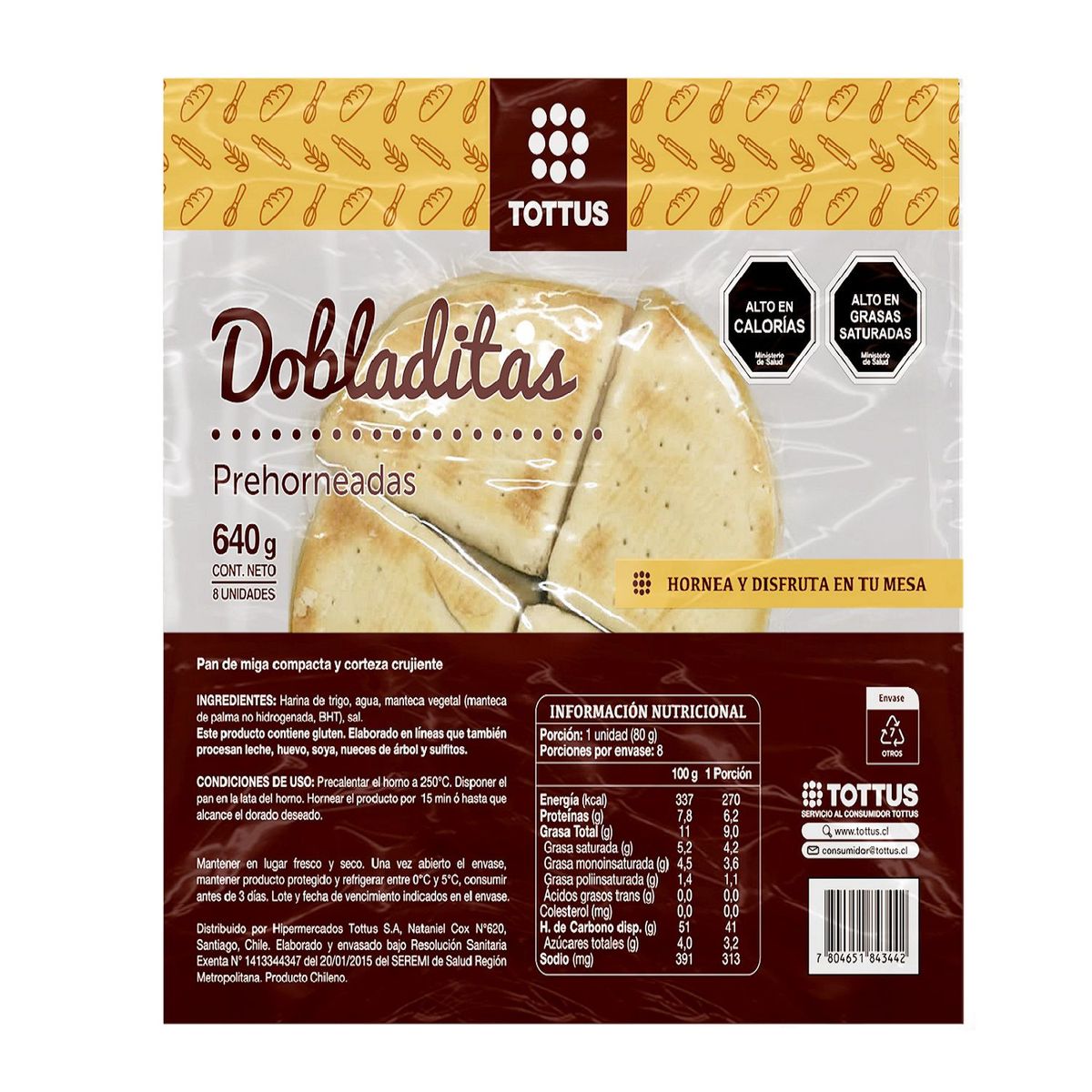 TOTTUS - Dobladitas Prehorneadas Tottus 8 Un 640 g