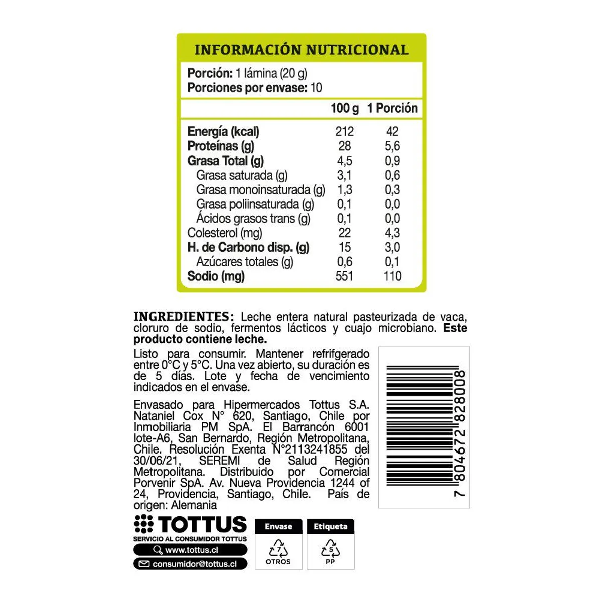 TOTTUS - Queso Mozzarella Laminado