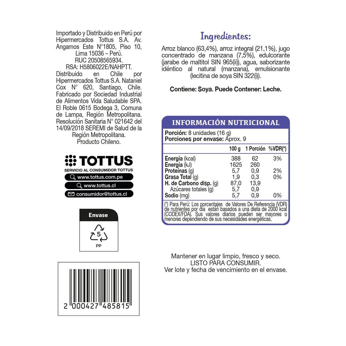 TOTTUS LIFE - Galleta de Arroz Sabor Manzana