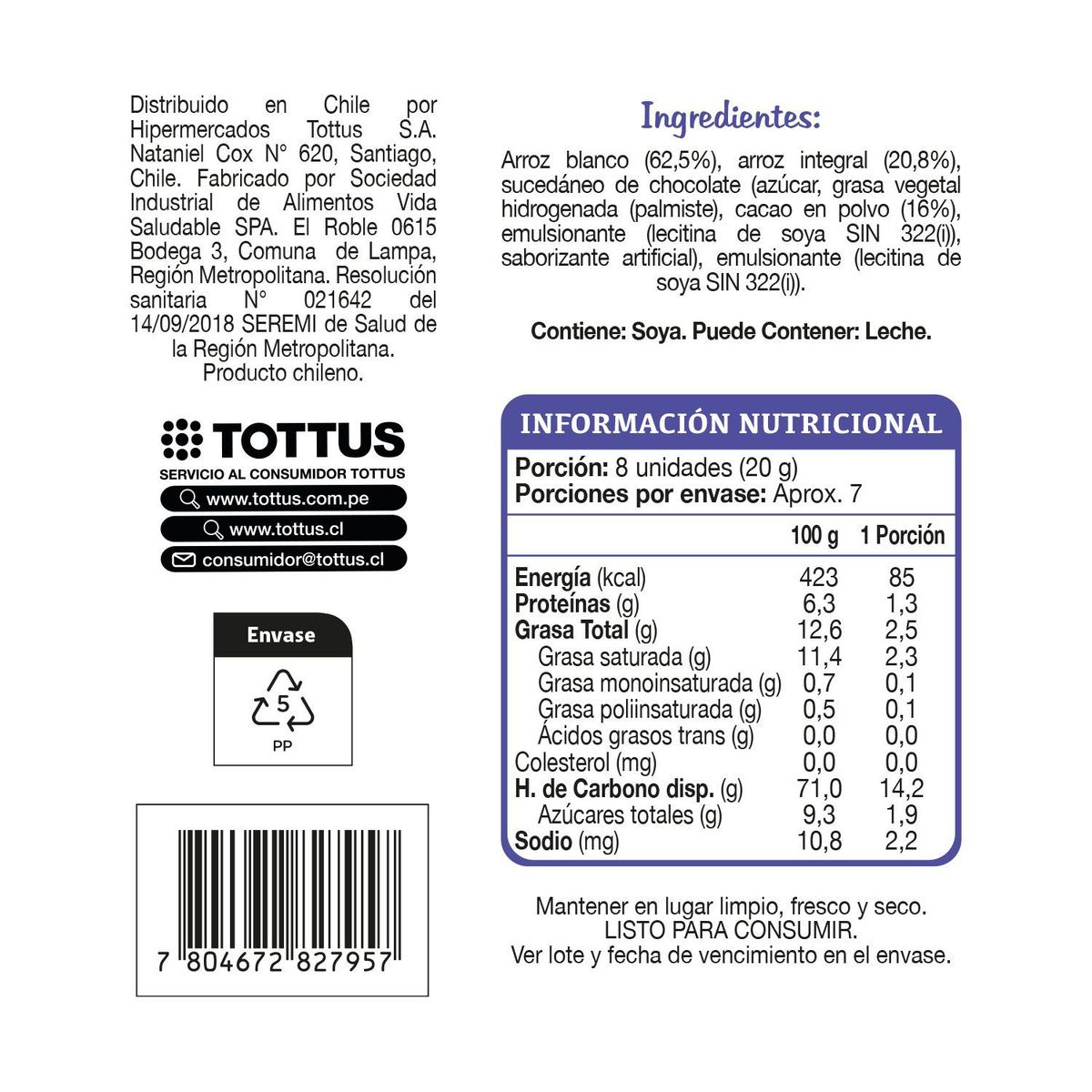 TOTTUS LIFE - Galleta de Arroz Decorado Chocolate