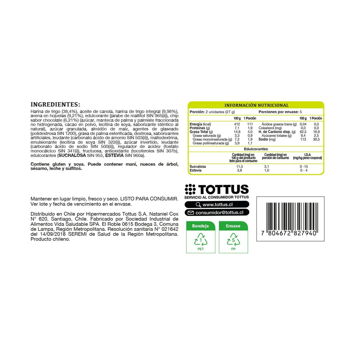 TOTTUS - Galleta de Avena Chips Chocolate