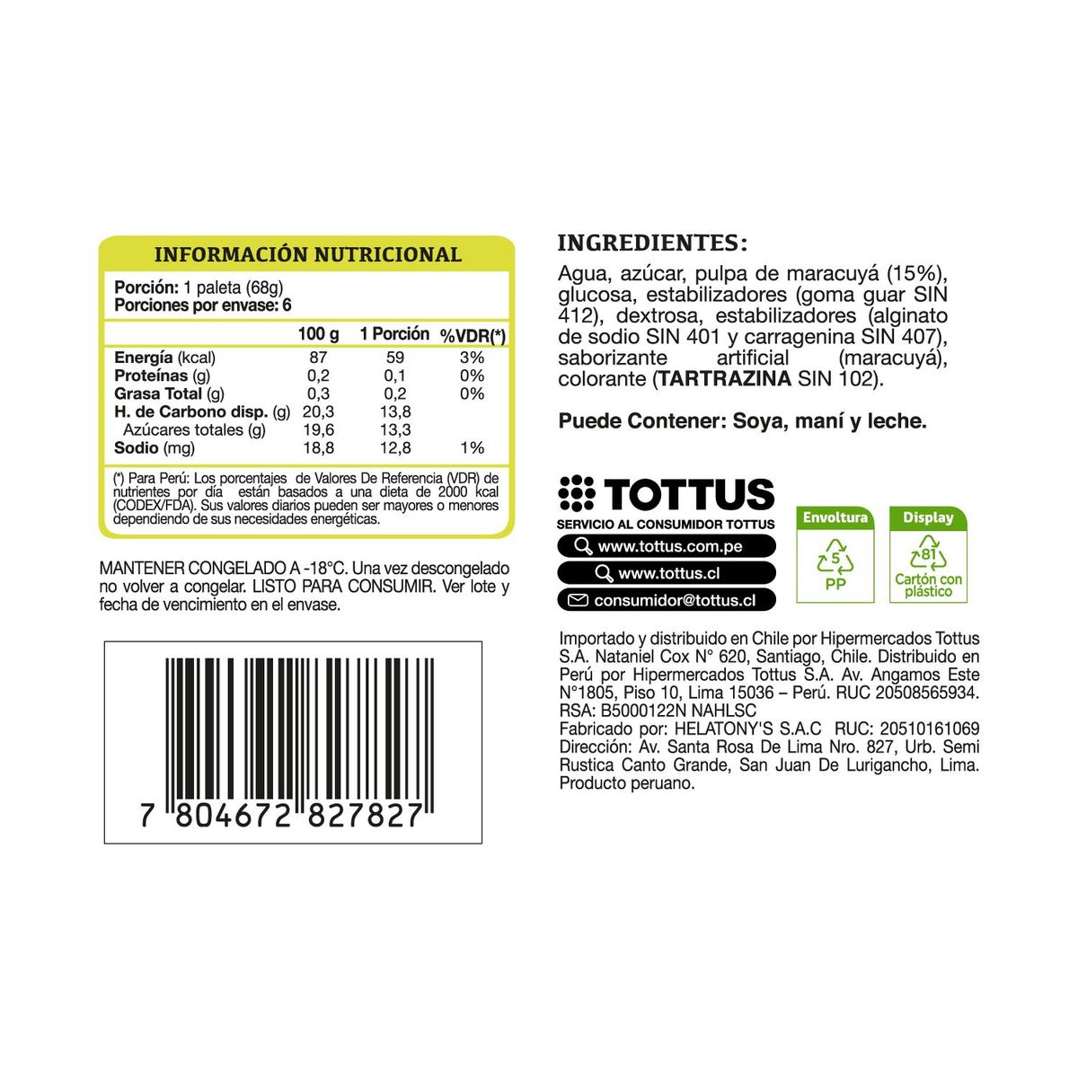 TOTTUS - PALETA HELADO MARACUYA TOTTUS PACK408G