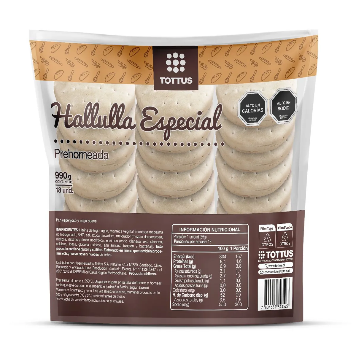 TOTTUS - Hallulla Especial Prehorneadas Tottus 18 Un 990 g