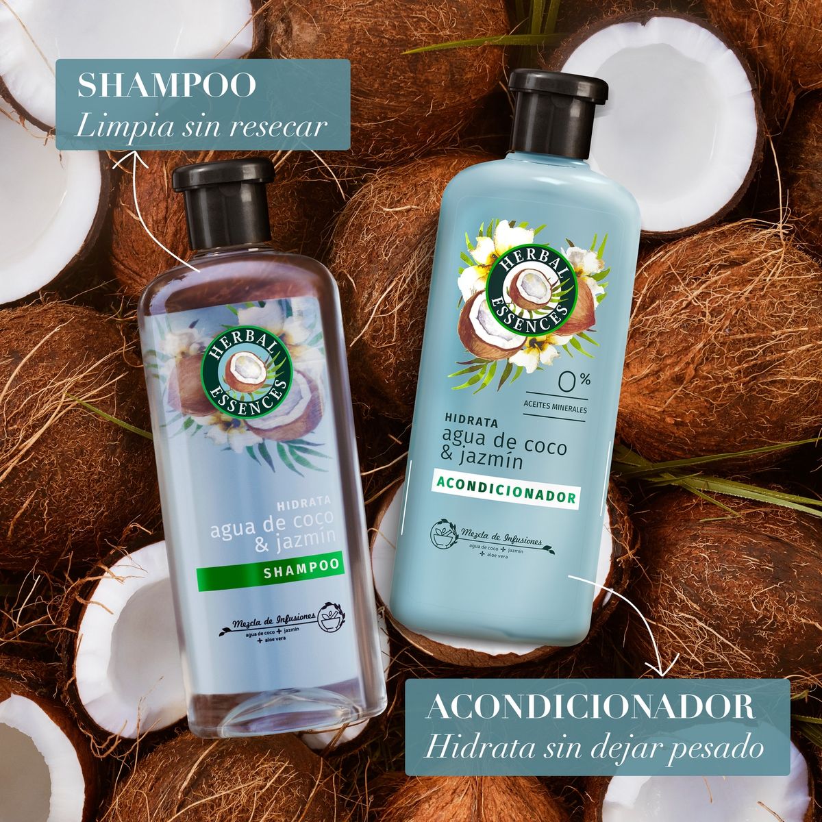 HERBAL ESSENCES - Pack Shampoo y Acondicionador Hidrata Coco y Jazmín Herbal Essences 2x400 ml