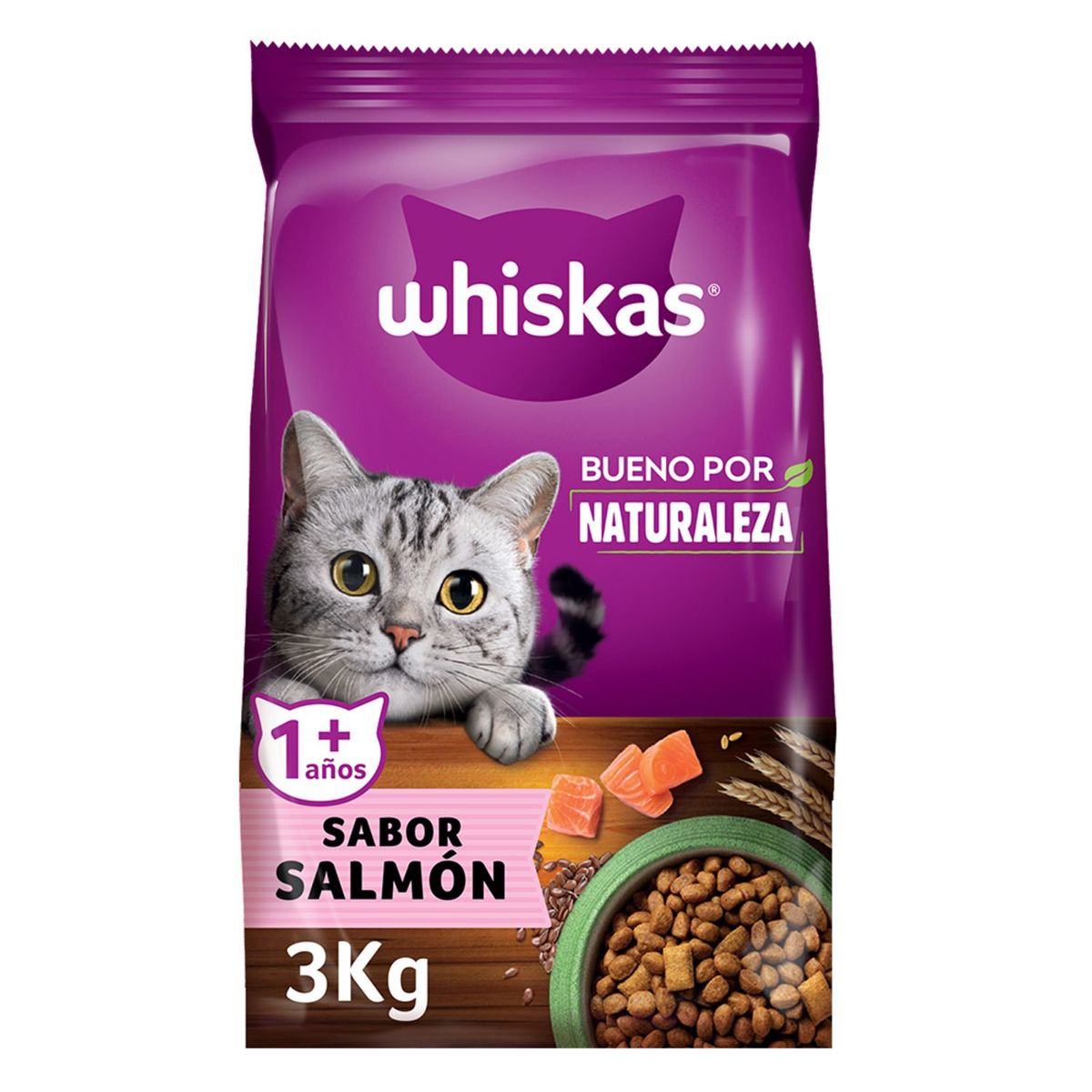 WHISKAS - Alimento Seco para Gatos Whiskas Sabor Salmón Bueno por Naturaleza 3 Kg