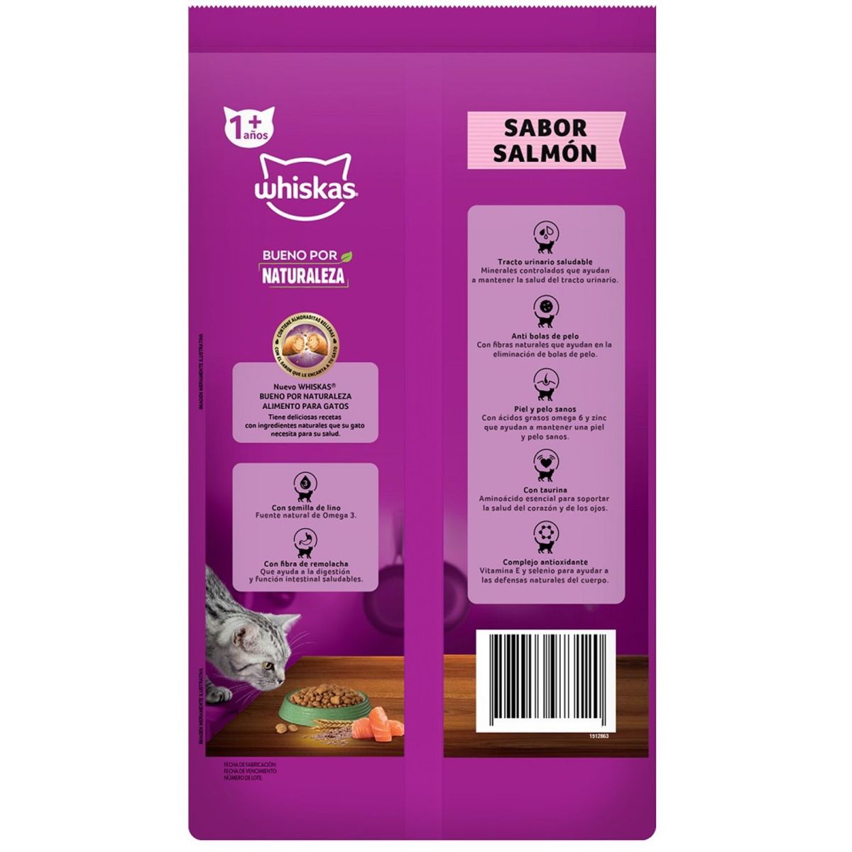WHISKAS - Alimento Seco para Gatos Whiskas Sabor Salmón Bueno por Naturaleza 3 Kg