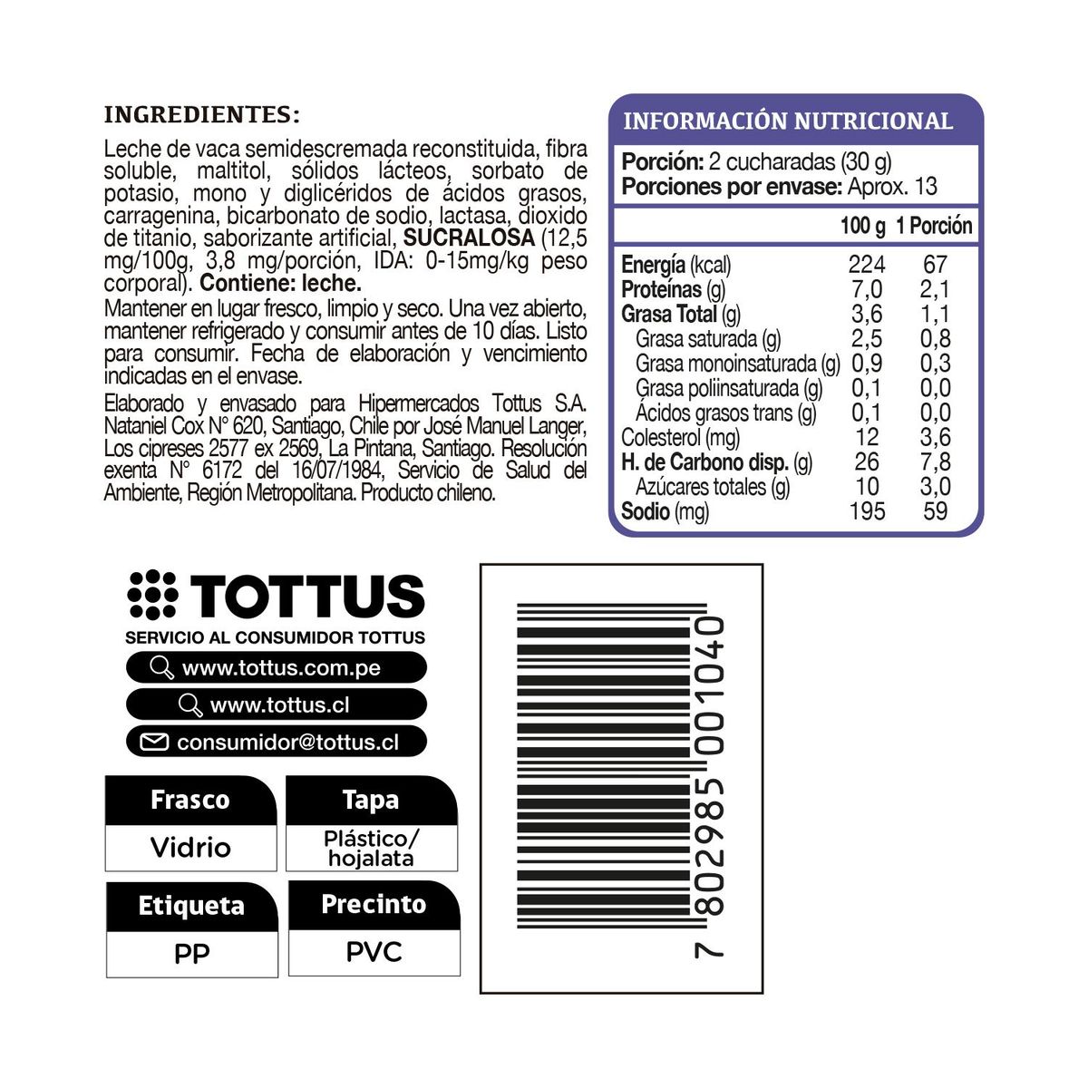 TOTTUS LIFE - Manjar sin Azúcar Frasco