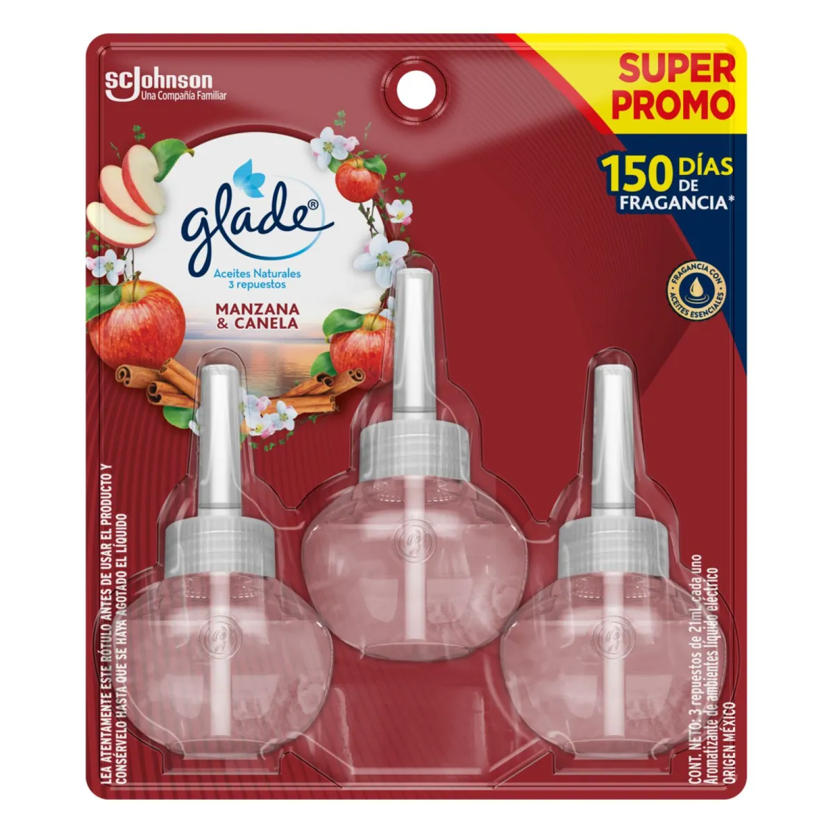 GLADE - Pack Repuesto Desodorante Ambiental Glade Aceites Manzana Canela 3 x 21 ml