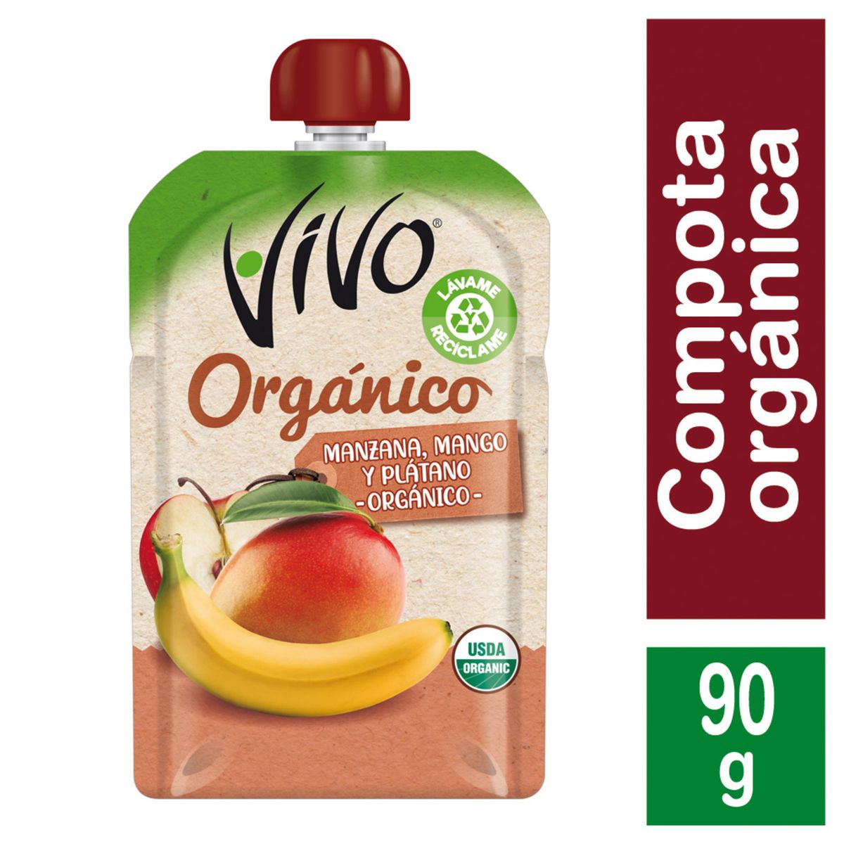 VIVO - Compota Orgánica Vivo Manza, Plátano y Mango 90 g