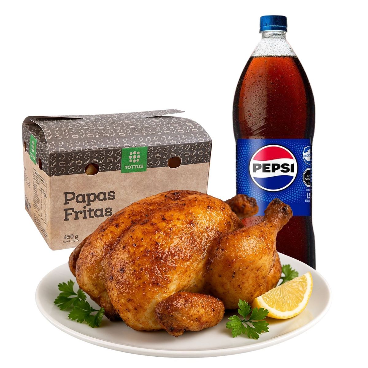 TOTTUS - Combo Pollo un + Papas Fritas 450 g + Bebida Pepsi Normal 1,5 lt