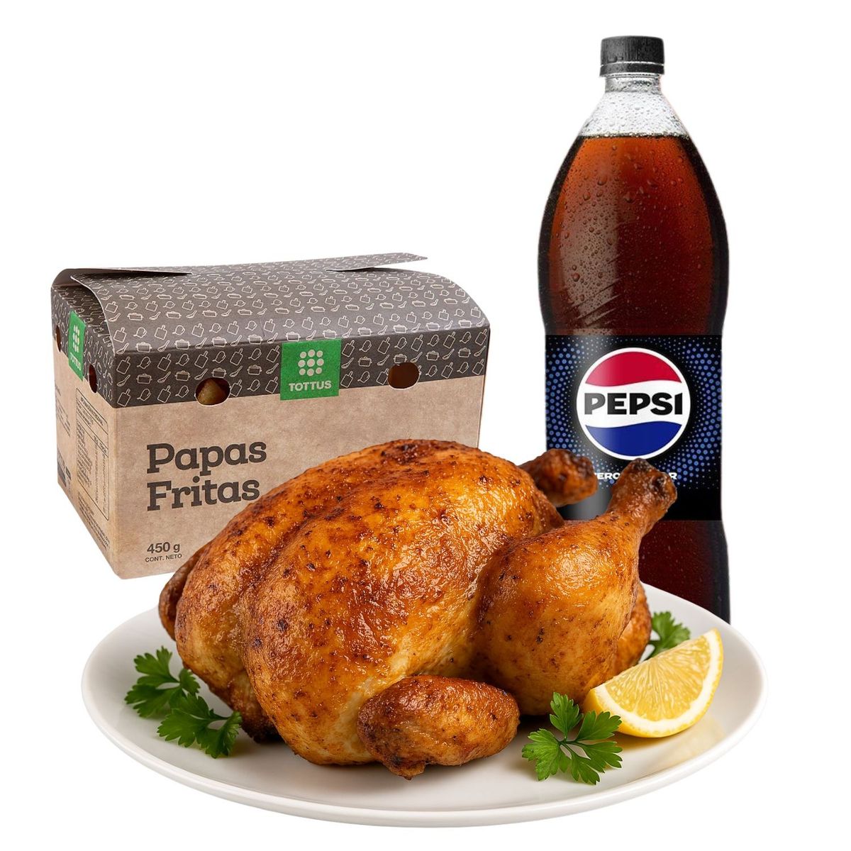 TOTTUS - Combo Pollo un + Papas Fritas 450 g + Bebida Pepsi Zero 1,5 lt