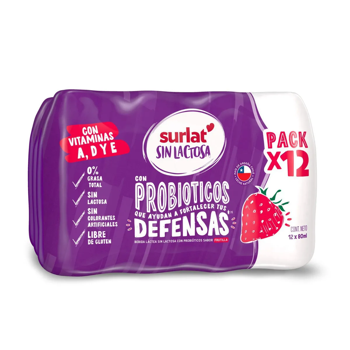 SURLAT - Pack Probioticos Surlat Sin Lactosa Sabor Frutilla 12 x 80 ml