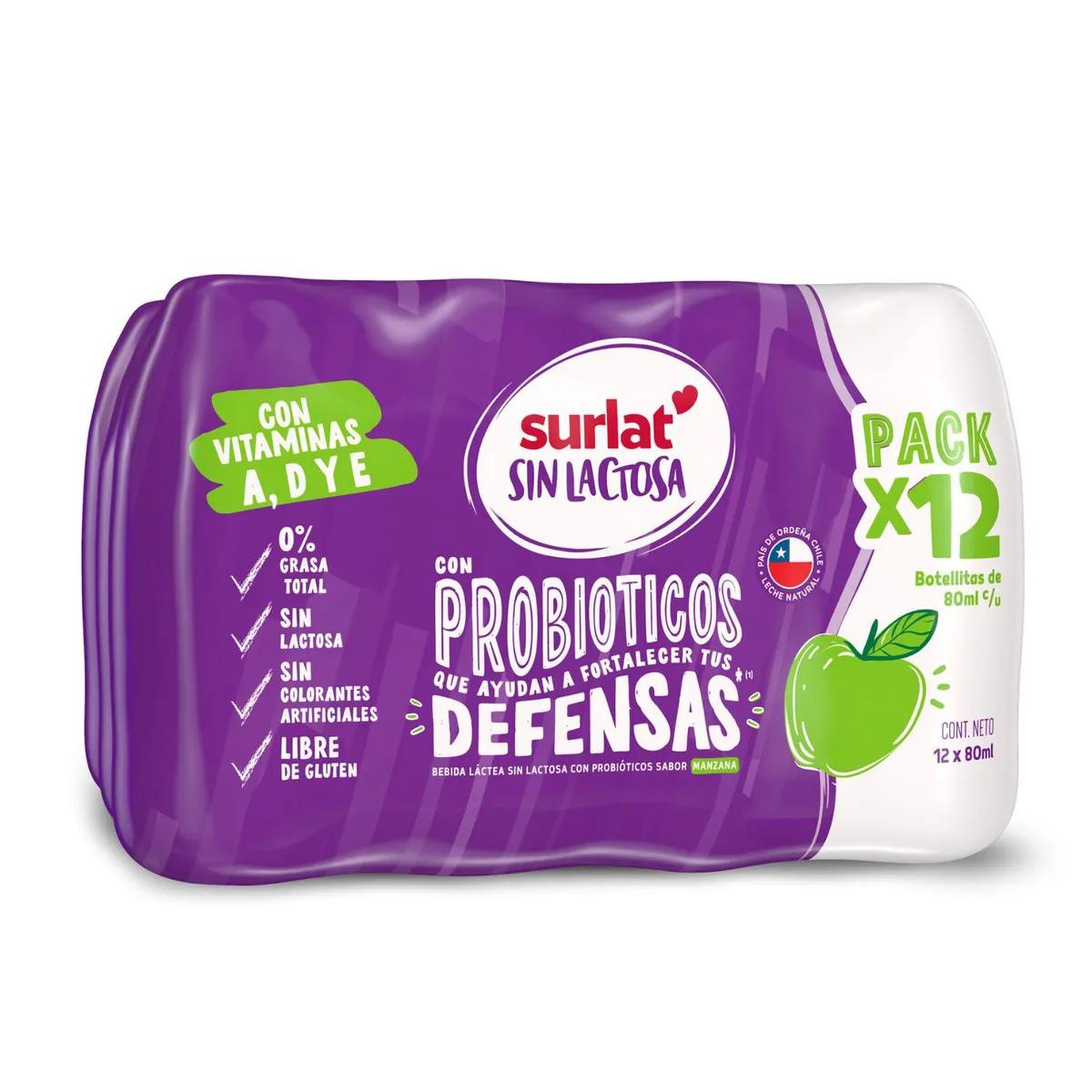 SURLAT - Pack Probioticos Surlat Sin Lactosa Sabor Manzana 12 x 80 ml