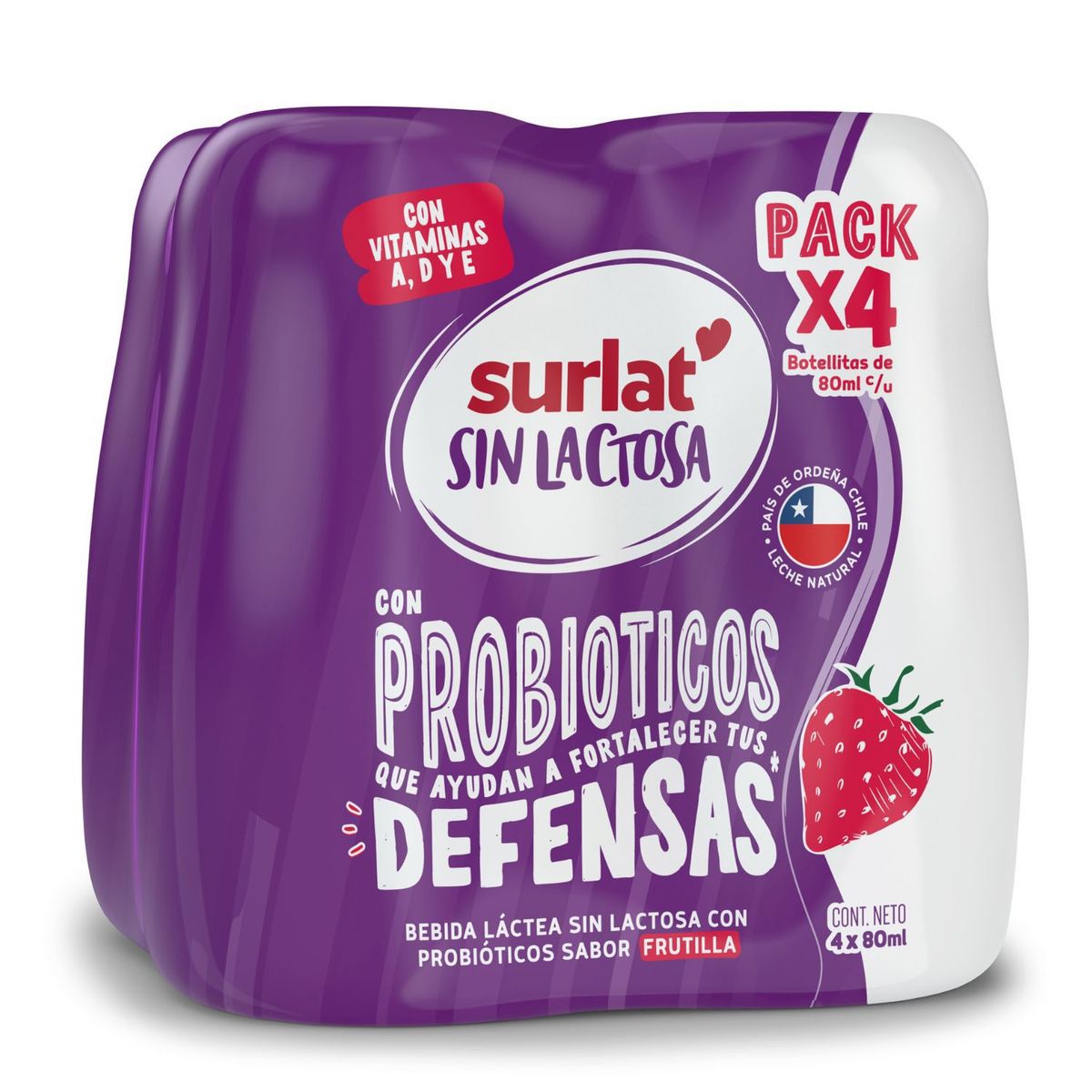 SURLAT - Pack Probioticos Surlat Sin Lactosa Sabor Frutilla 4 x 80 ml