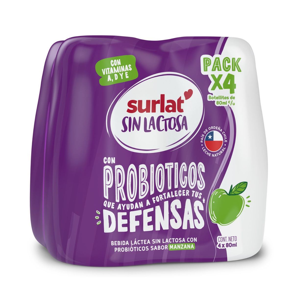SURLAT - Pack Probioticos Surlat Sin Lactosa Sabor Manzana 4 x 80 ml