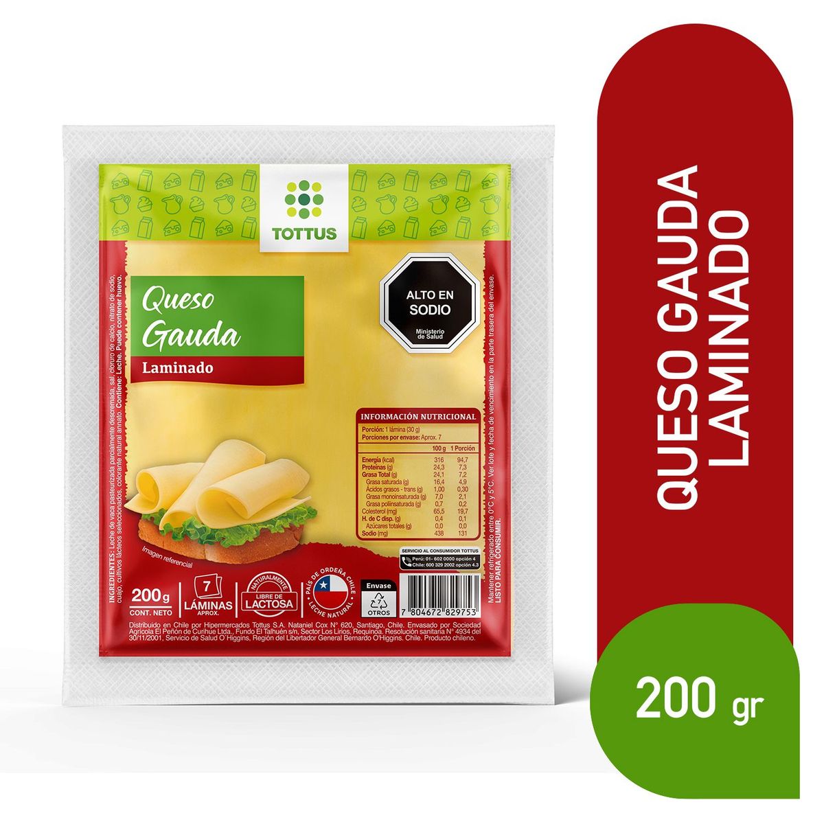 TOTTUS - Queso Gauda Laminado Tottus 200 g