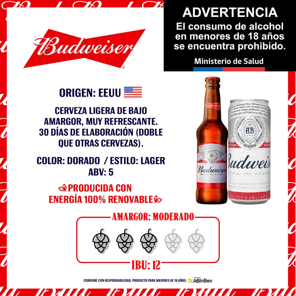 BUDWEISER - CERVEZA PACK LATA BUDWEISER 5G 6X473 CC