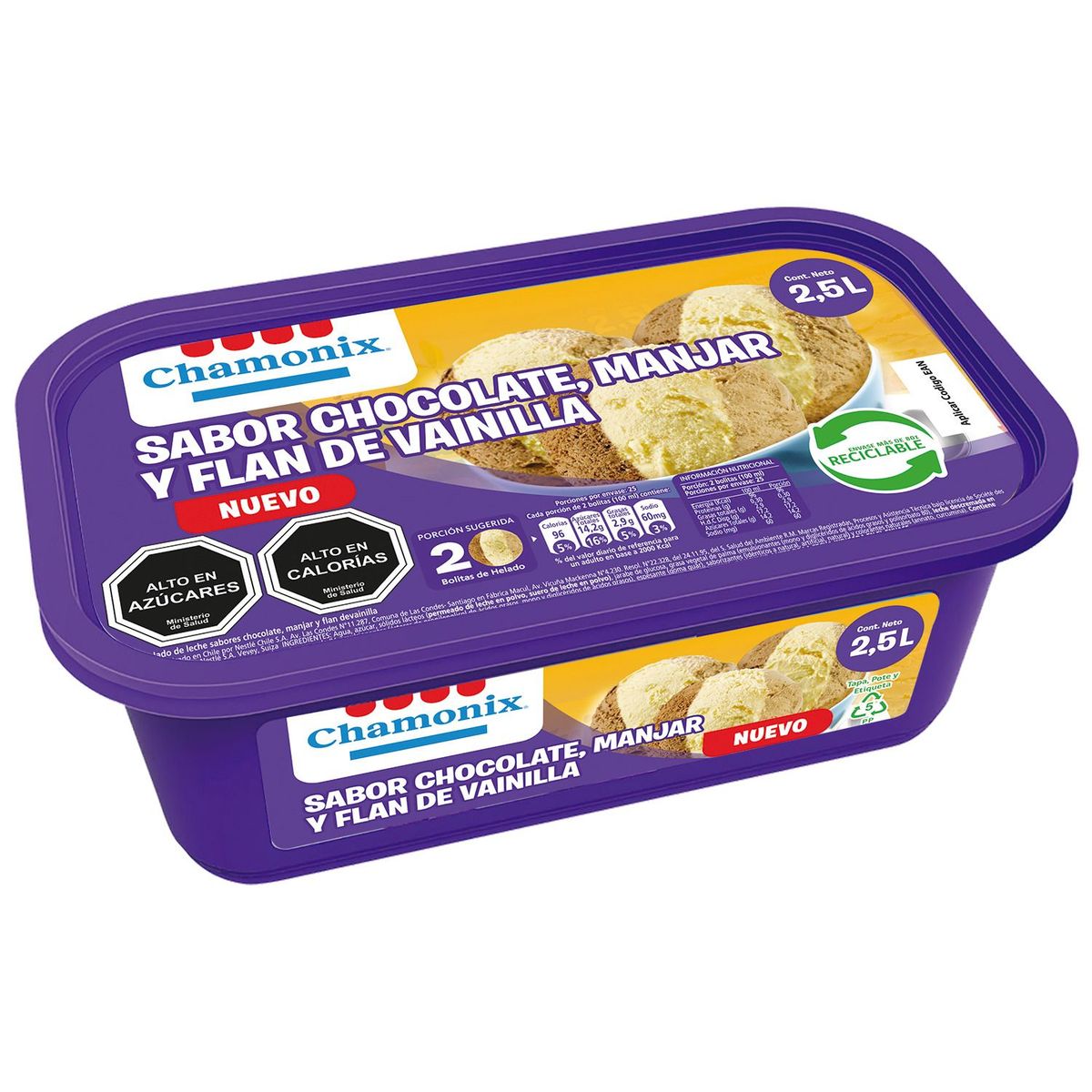 CHAMONIX - Helado de Leche Sabor Chocolate, Manjar y Flan Vainilla Cassata Chamonix 2.5 L