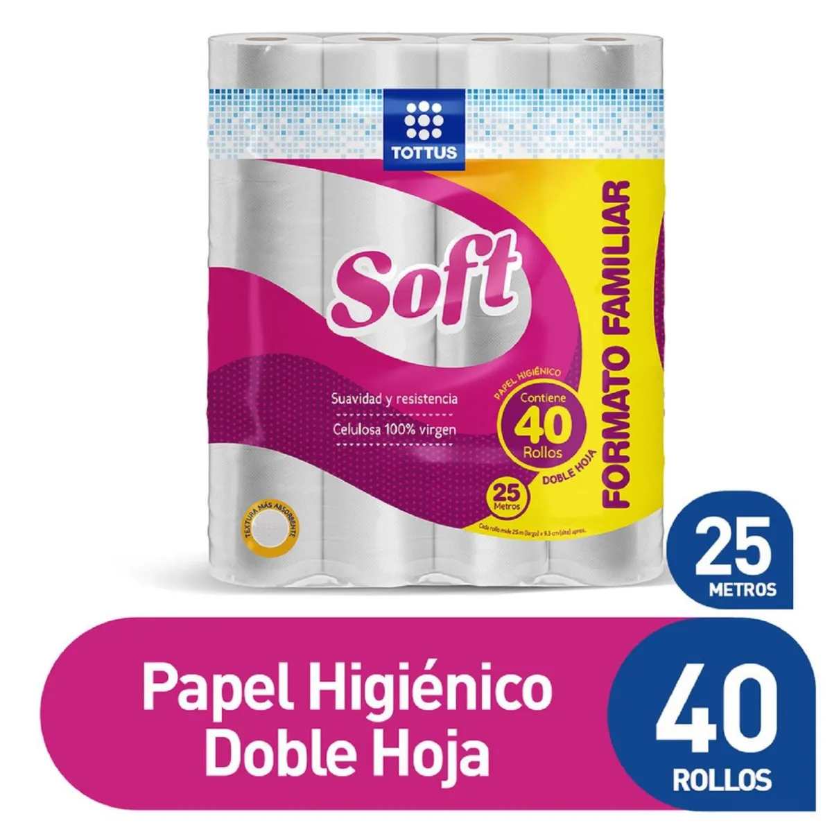 TOTTUS - Papel Higiénico Soft Doble Hoja Tottus 25 mts x 40 Un