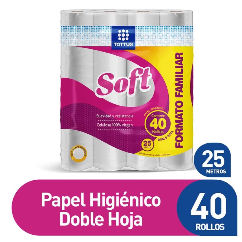 TOTTUS - Papel Higiénico Soft Doble Hoja Tottus 25 mts x 40 Un
