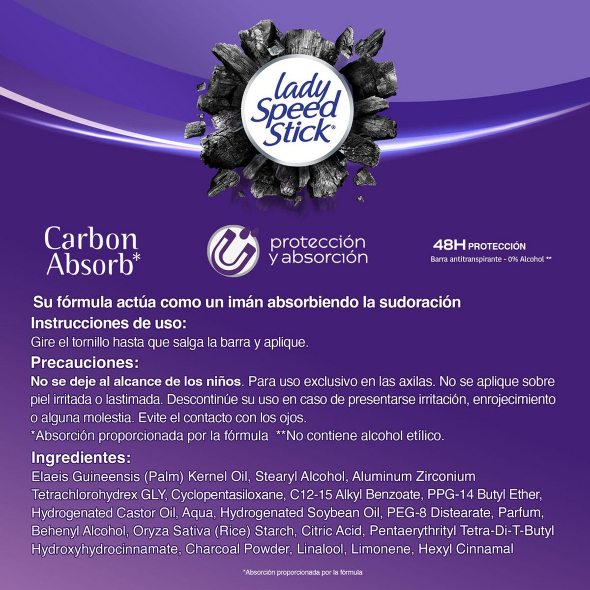 LADY SPEED STICK - Desodorante Barra Lady Speed Stick Carbón Absorb Mujer 45 g