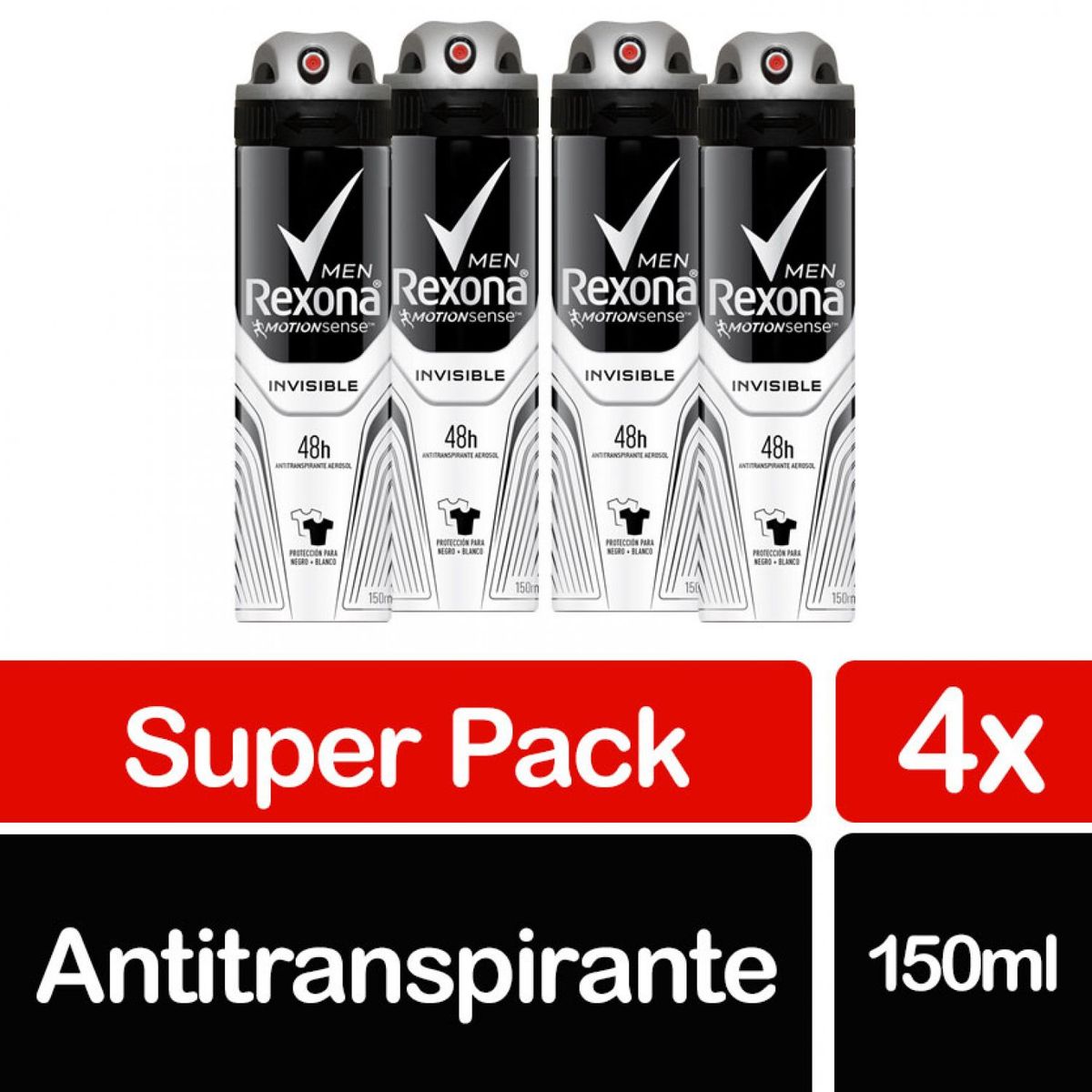 REXONA - Pack Antitranspirante Aerosol Rexona Invisible Hombre 4 x 150 ml