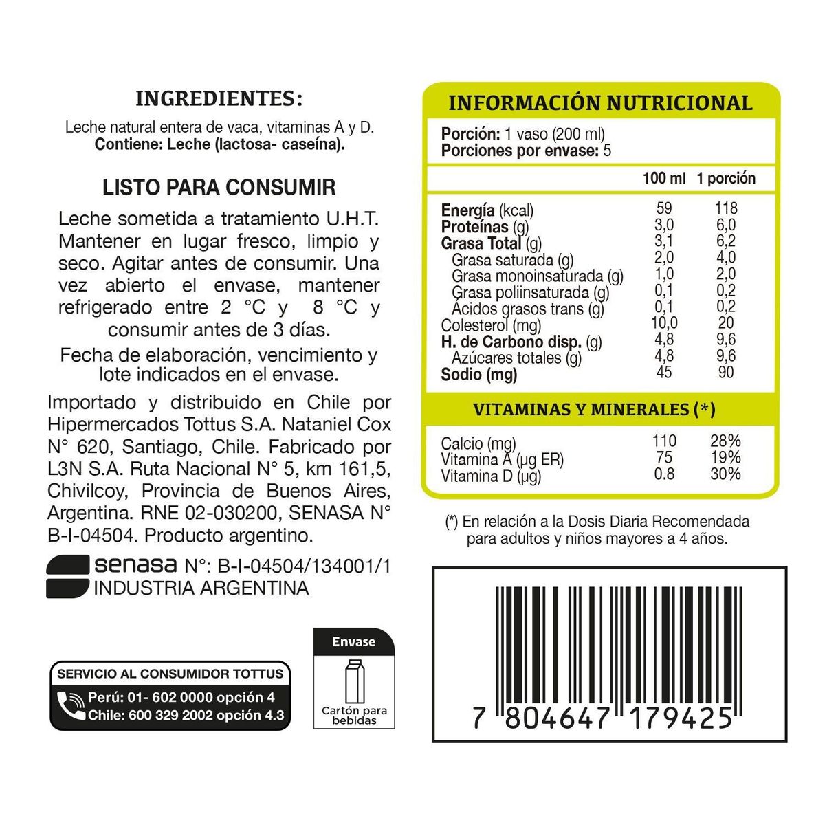 TOTTUS - Leche Entera Tottus 1 Lt