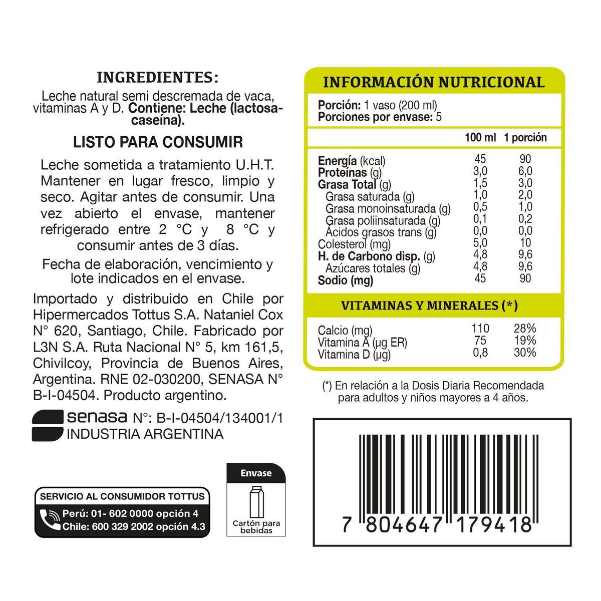 TOTTUS - Leche Semi Descremada Tottus 1 Lt