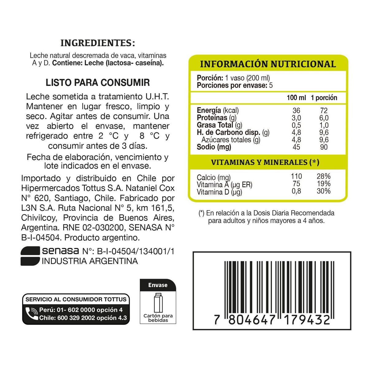 TOTTUS - Leche Descremada Tottus 1 Lt