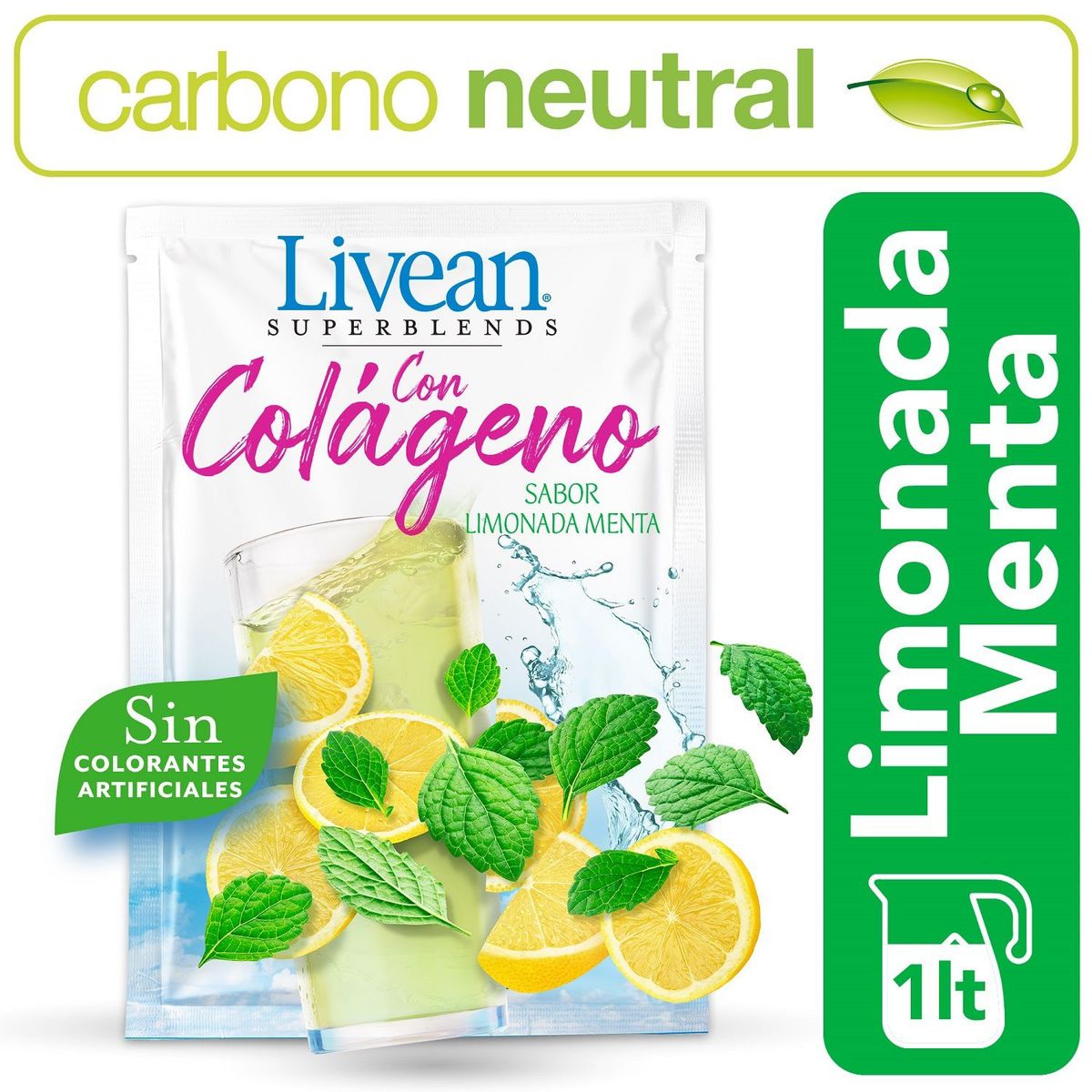 LIVEAN - Bebida Instantánea en Polvo Limón Menta Colágeno Livean 7 g