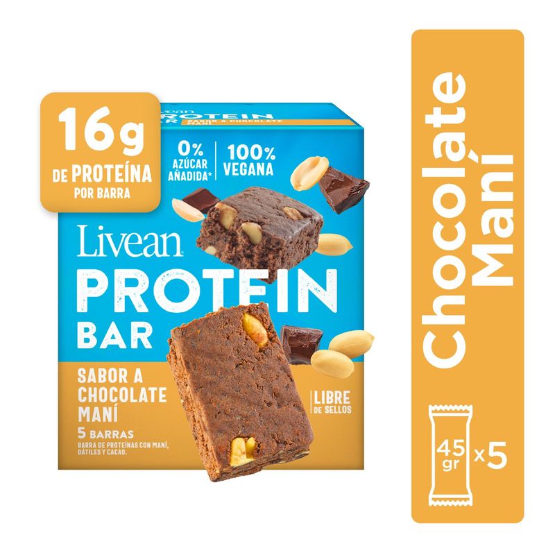 LIVEAN - Barra de Proteína Chocolate Maní Livean 5 x 45 g