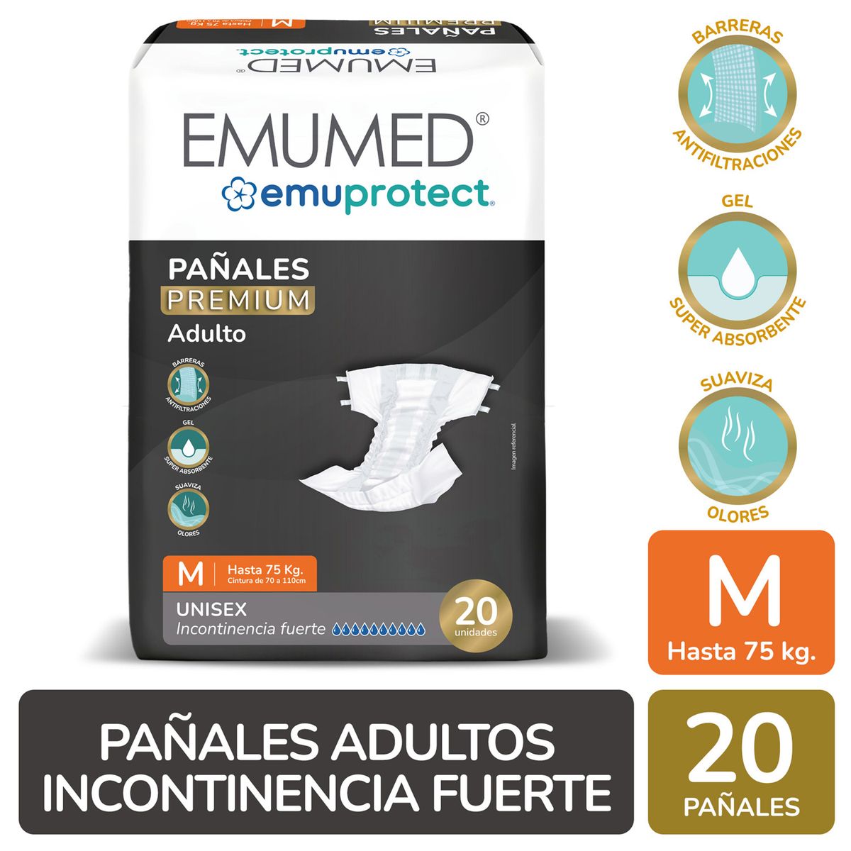 EMUMED - Pañales Desechables Adulto Emumed Talla M 20 UN