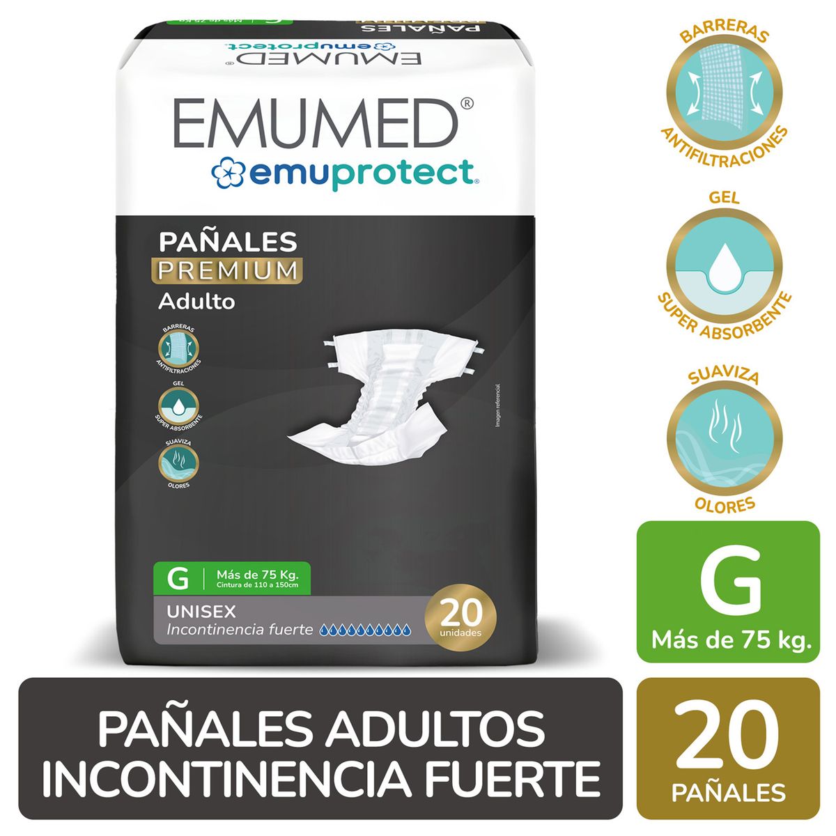 EMUMED - Pañales Desechables Adulto Emumed Talla G 20 UN
