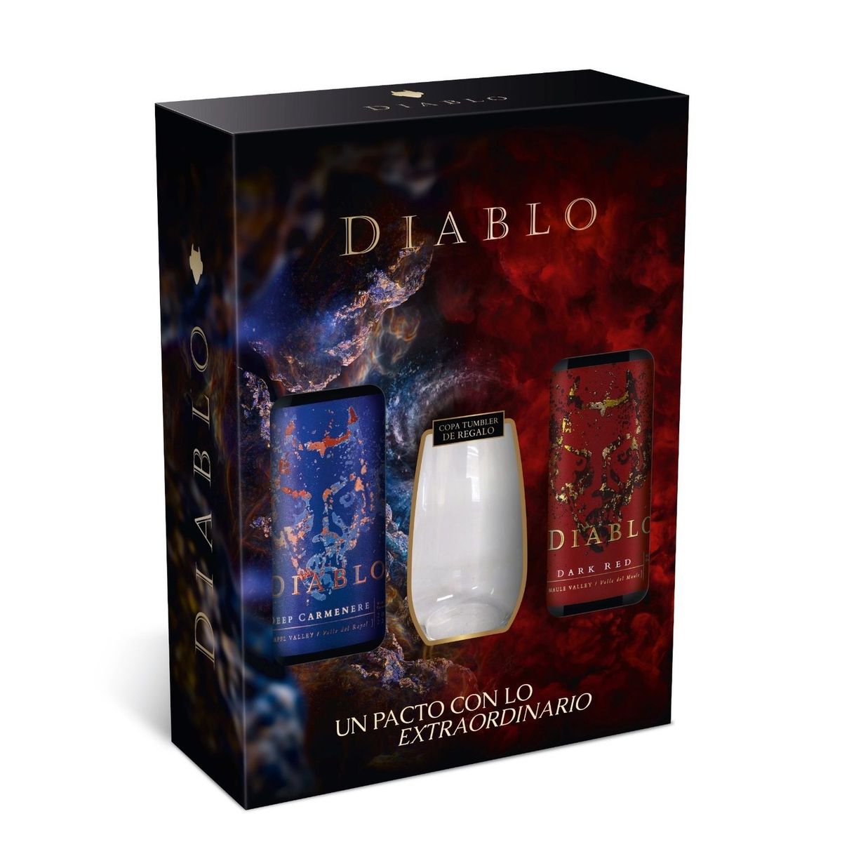 DIABLO - Pack Vino Tinto Diablo Carmenere 13.5° 750 cc y Dark Red 13.5° 750 cc + Vaso