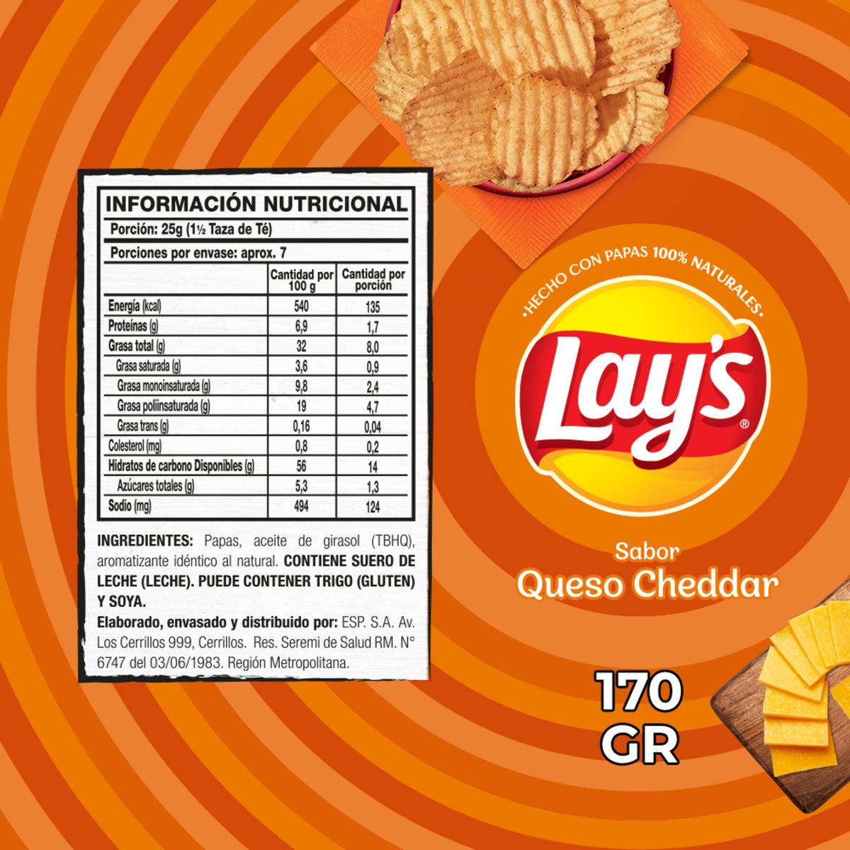 EVERCRISP - Papas Fritas Lays Sabor Queso Cheddar Evercrips 170 g